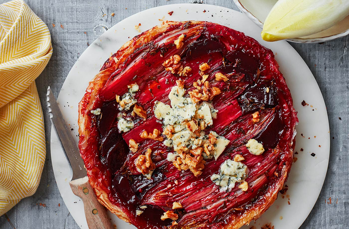 Chicory, beetroot and blue cheese tarte Tatin