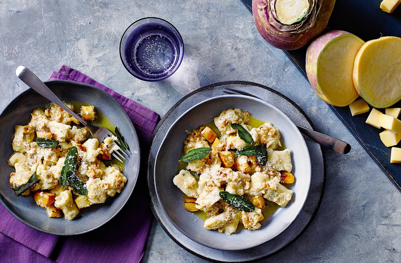 Swede and sage gnocchi with hazelnut pesto
