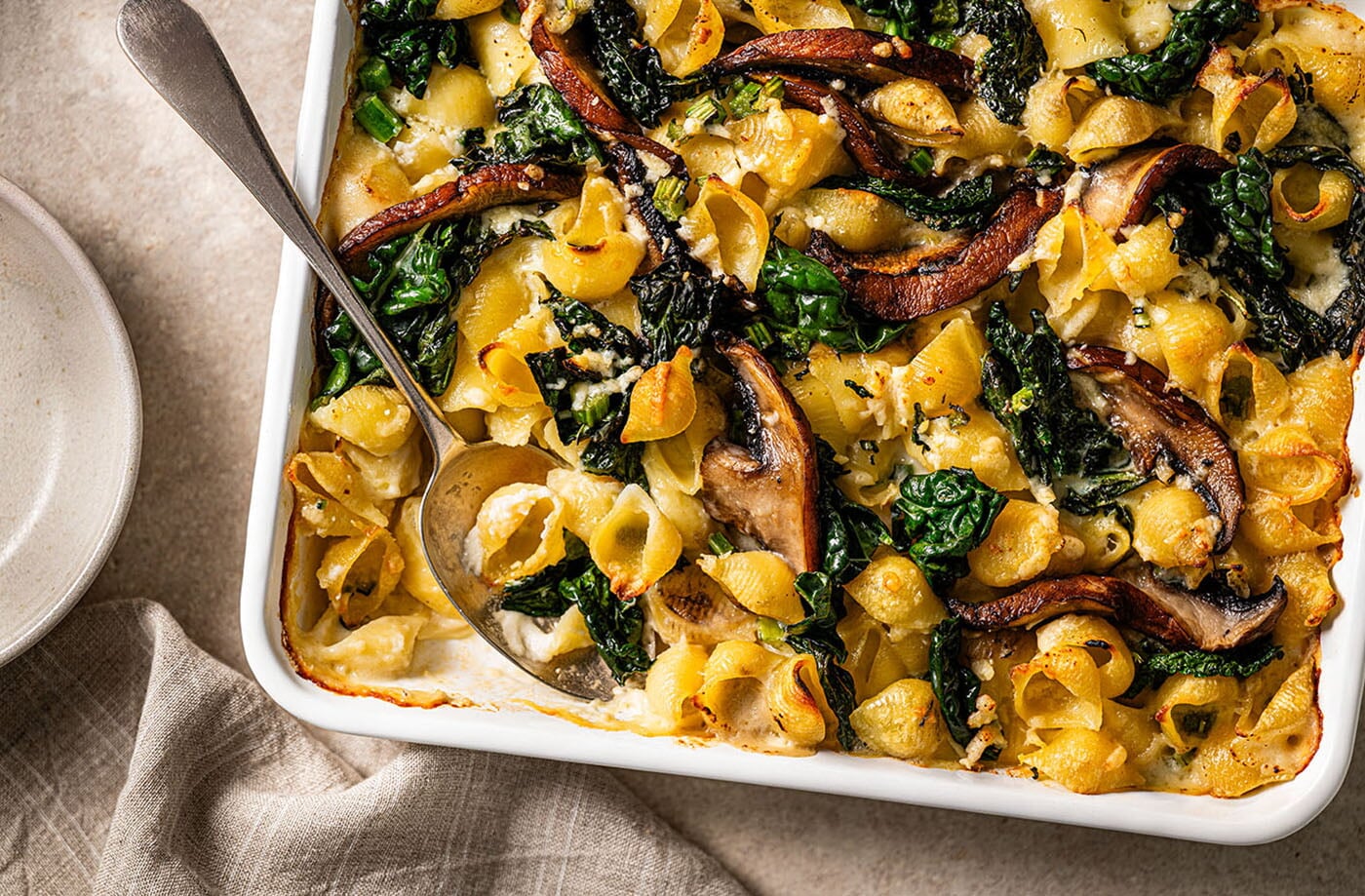 Cavolo nero and mushroom pasta bake
