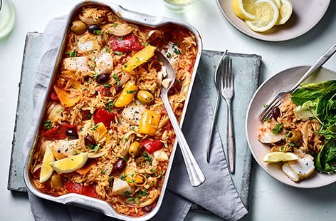 Image of "Paella orzo traybake"