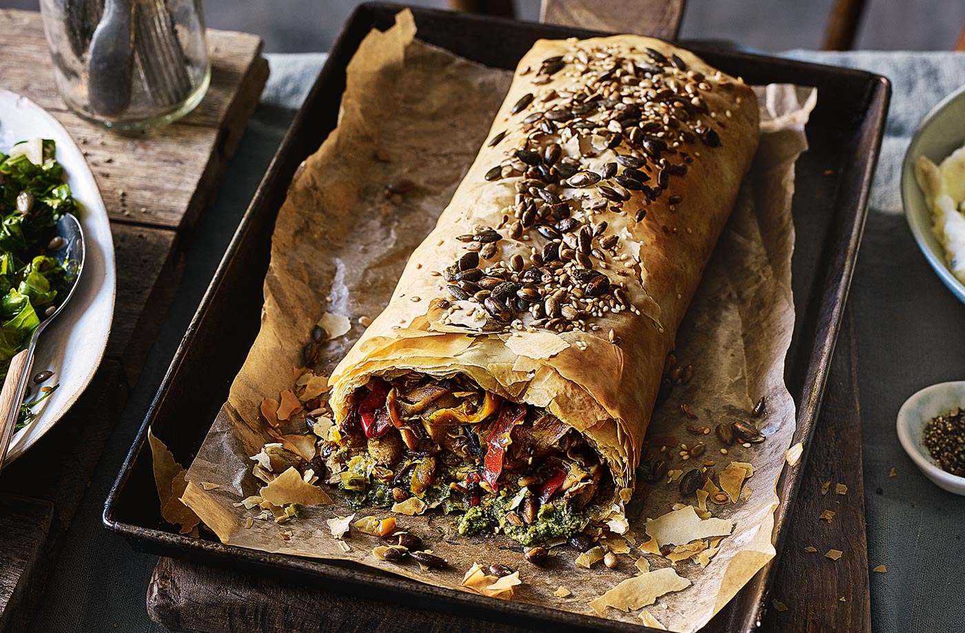 Mushroom, pepper and pesto strudel