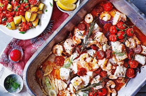 Image of "Spanish roasted fish with patatas bravas"