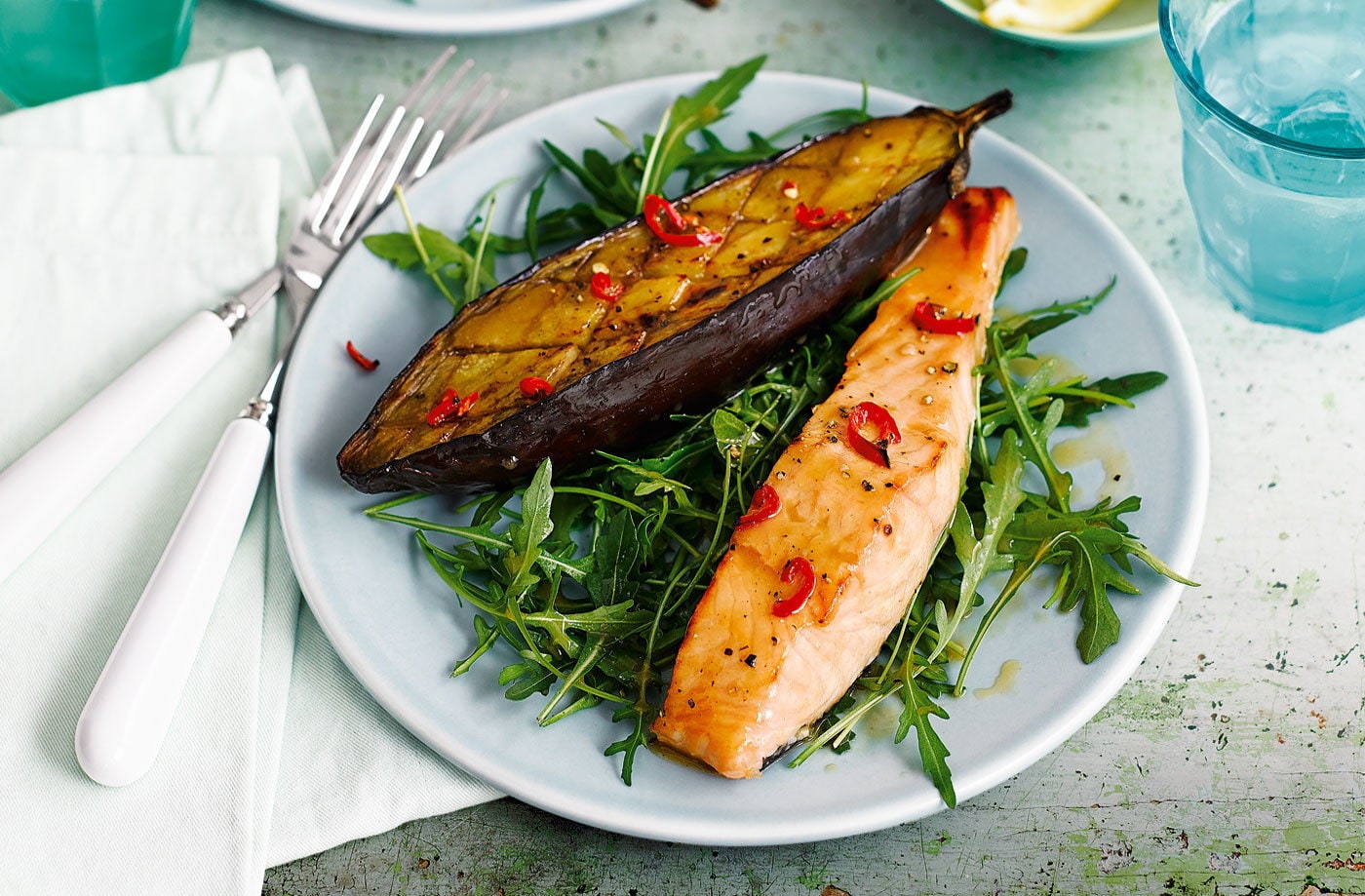 Miso salmon with aubergine and rocket