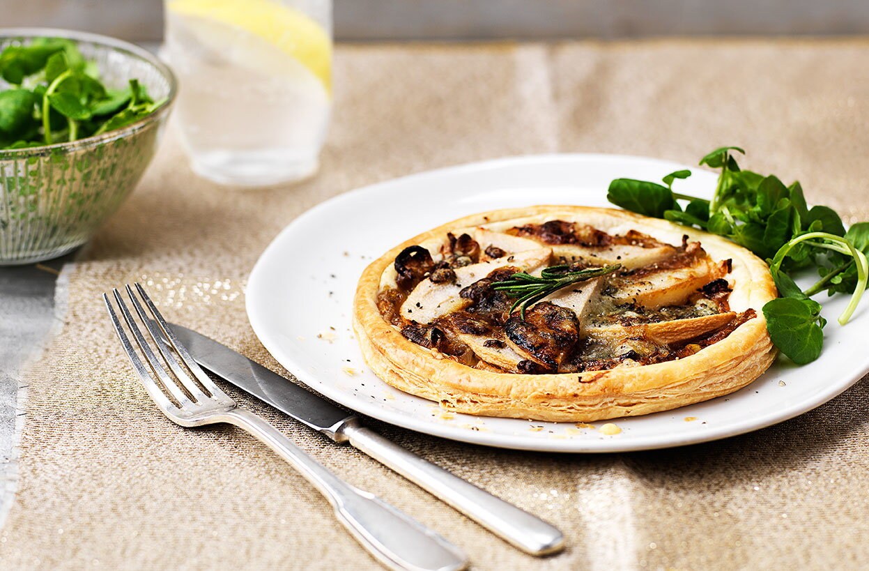 Stilton, pear and caramelised shallot tartlets
