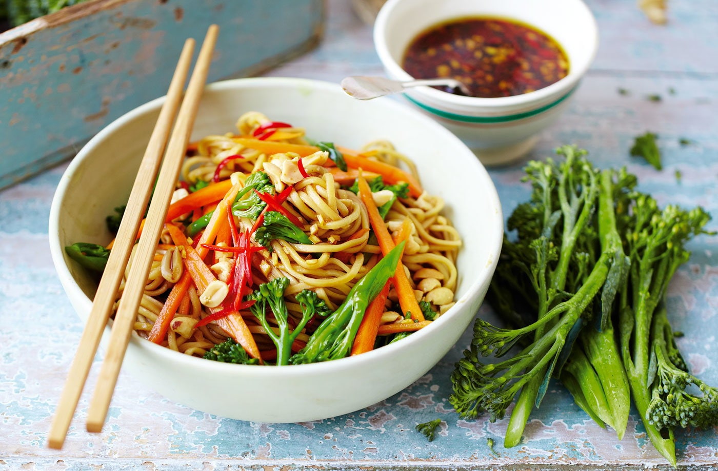 Broccoli noodles with soy, lime and chilli dressing