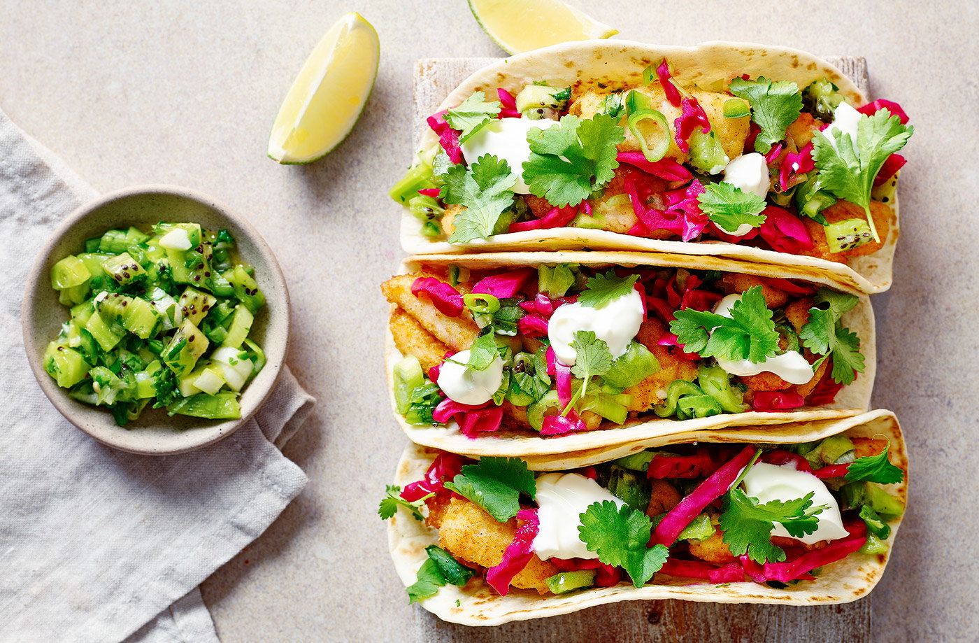 Crispy basa tacos with kiwi salsa
