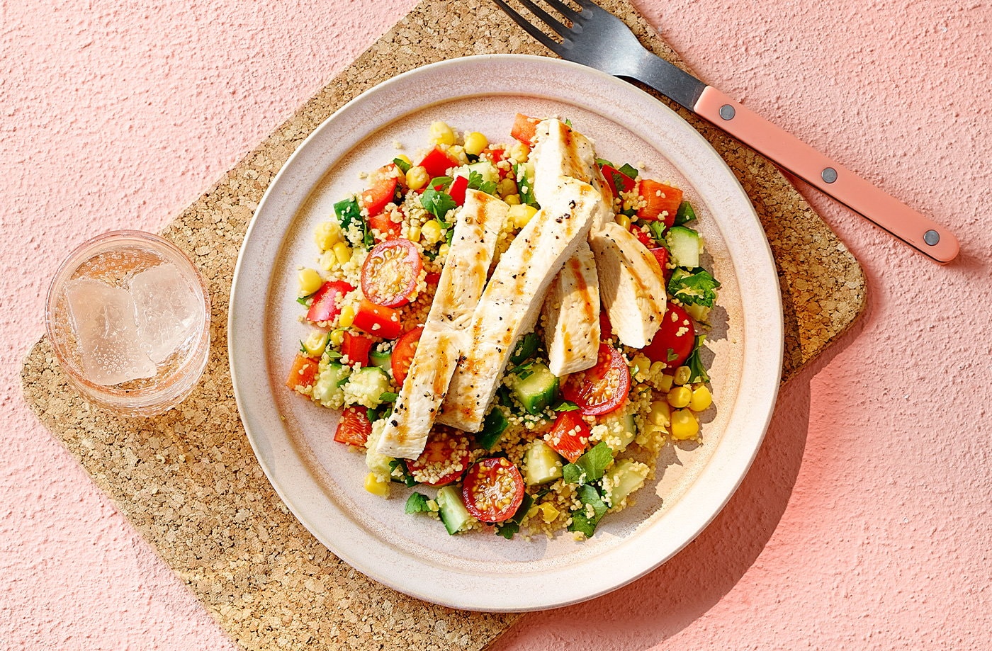 Rainbow veggie couscous salad with grilled chicken
