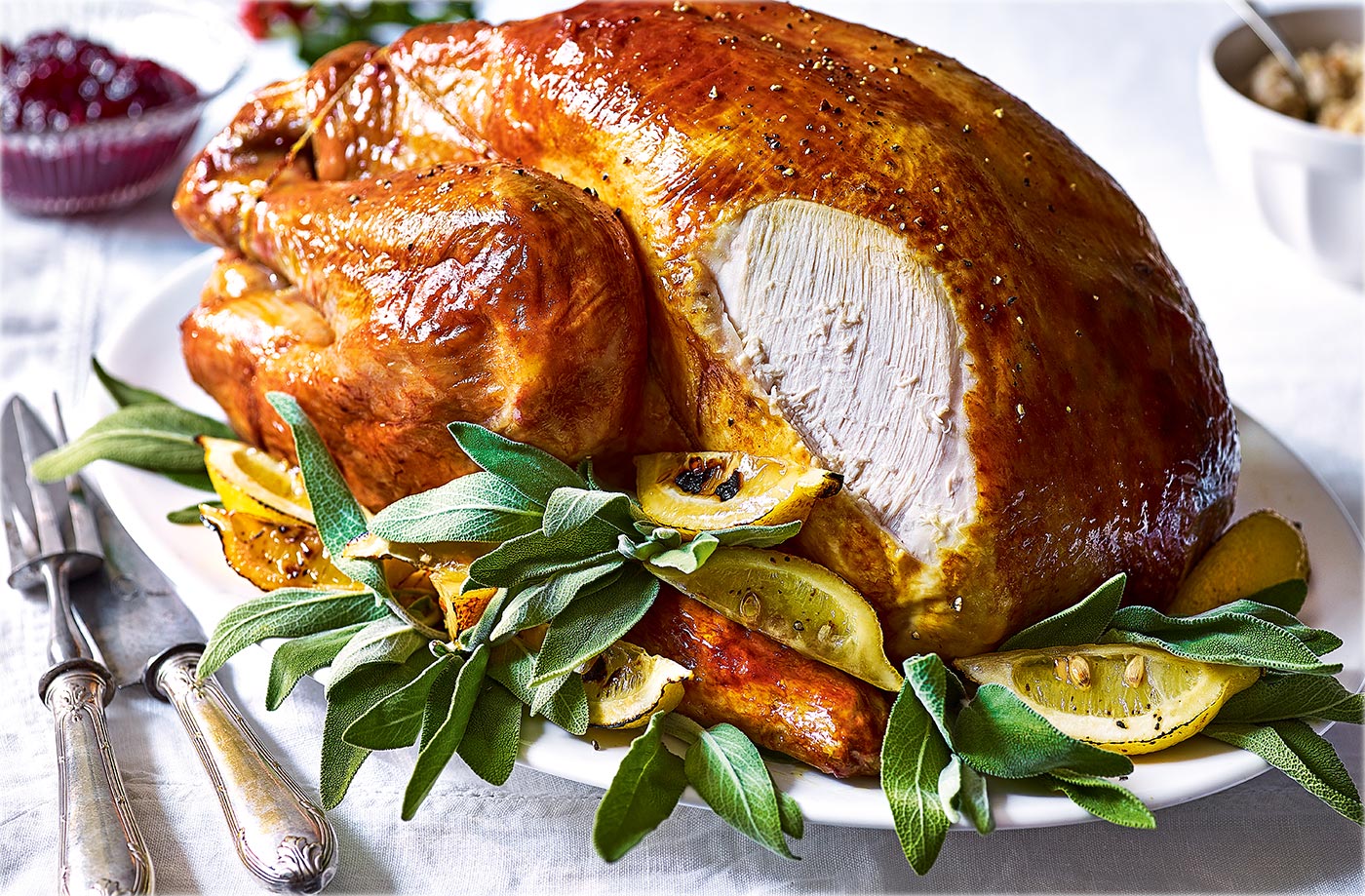 Classic whole roast turkey with sage and black pepper butter