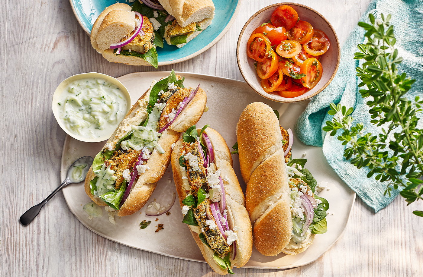 Greek-style crispy aubergine subs