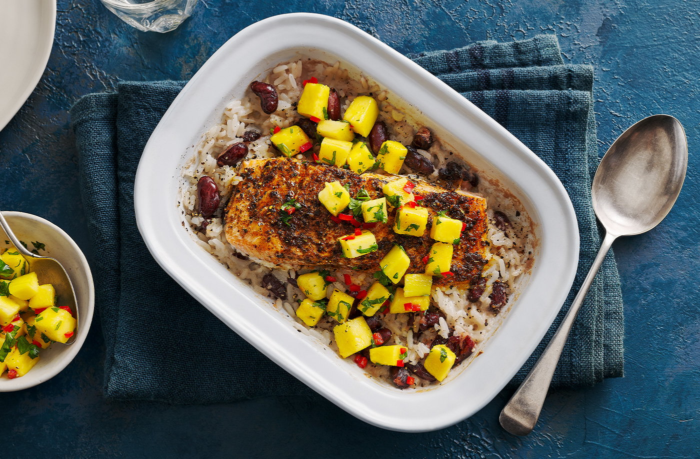 Jerk salmon traybake with rice and peas 