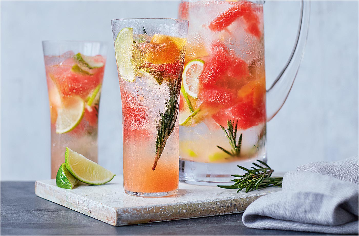 Sparkling grapefruit, lime and rosemary water