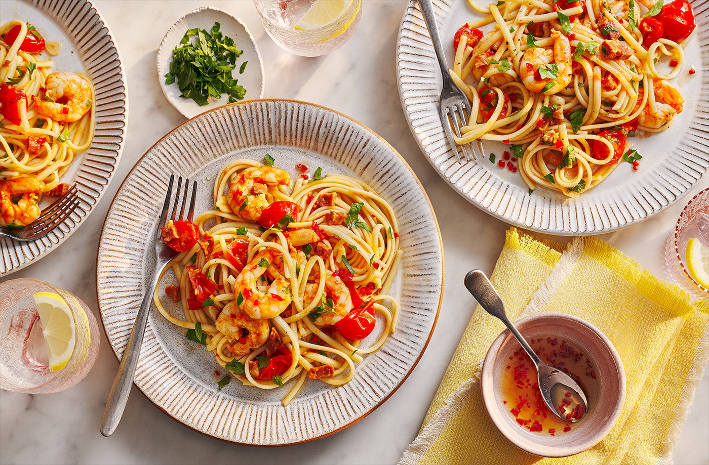 Hot honey prawn and chorizo linguine