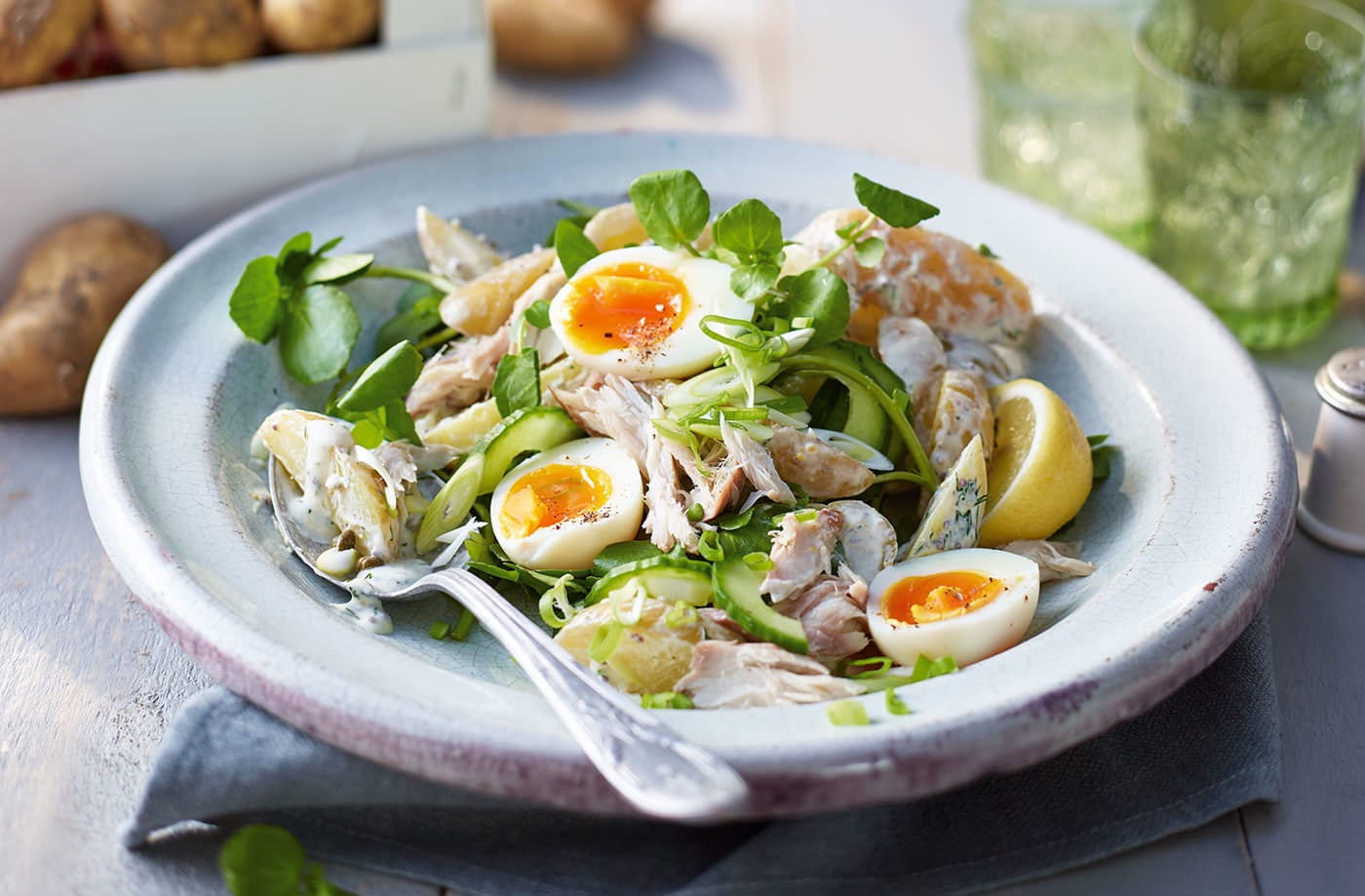 Jersey Royal, mackerel and cucumber salad