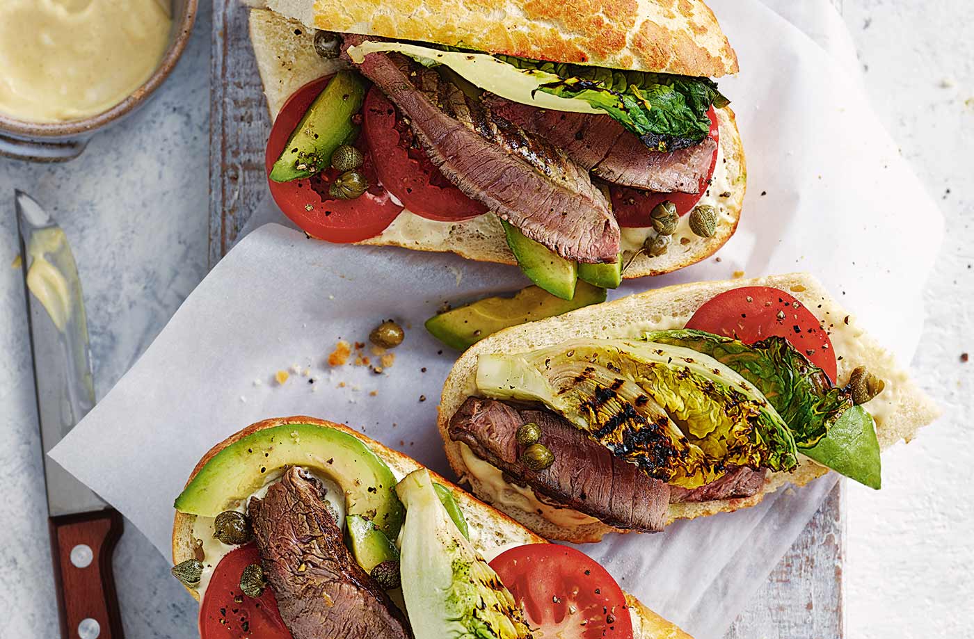 Griddled steak and charred Little Gem sandwiches
