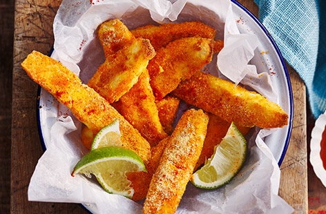 Image of "Polenta-crusted halloumi fries with sweet chilli and tomato jam"