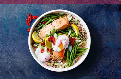 Image of "Honey and mustard salmon with poached eggs"