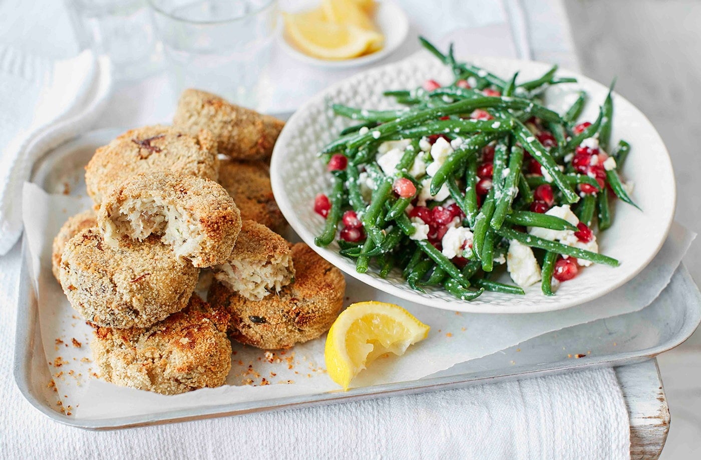 Smoked mackerel fishcakes with green bean and feta salad