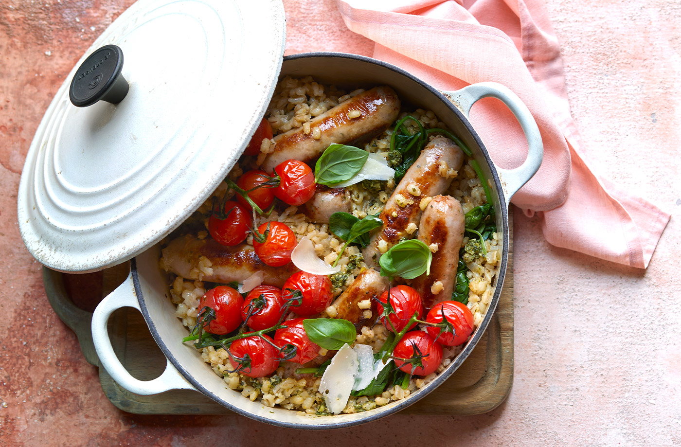 Pesto sausage and pearl barley one-pot
