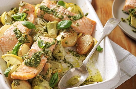 Image of "Salmon, artichoke and potato pesto traybake"