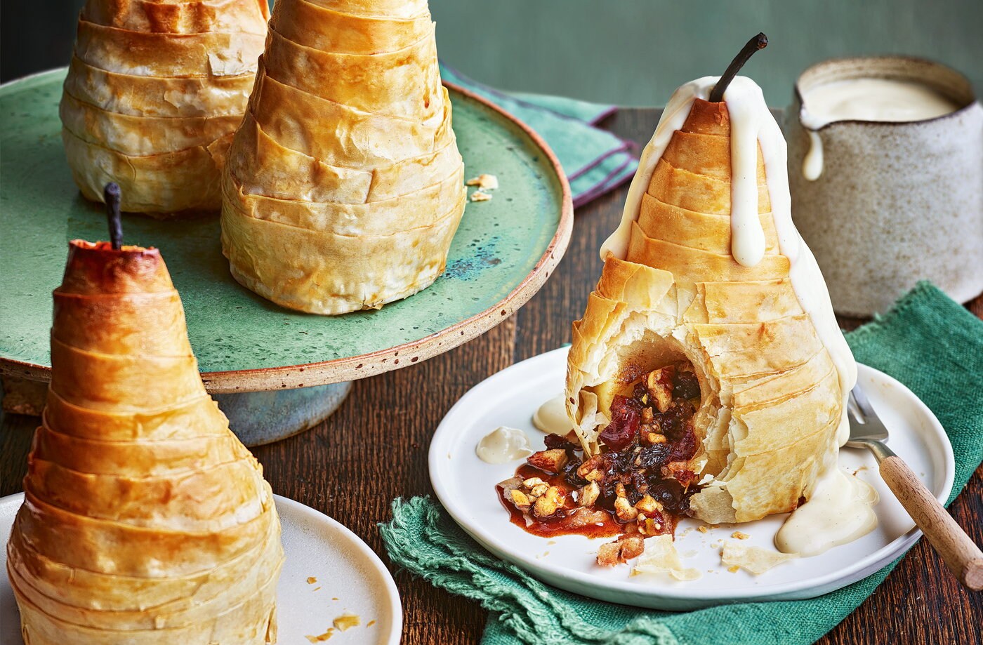 Filo-wrapped pears