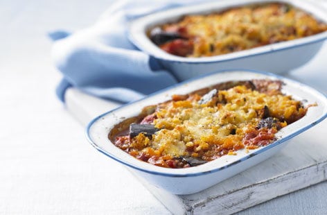 Onion, aubergine and tomato bake