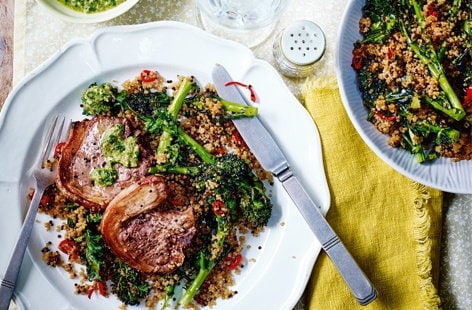 Image of "Grilled lamb chops with roasted broccoli, quinoa and salsa verde"