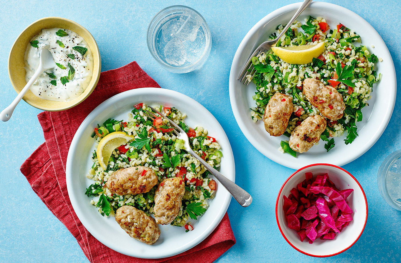 Chicken kofte tabbouleh with minty yoghurt sauce