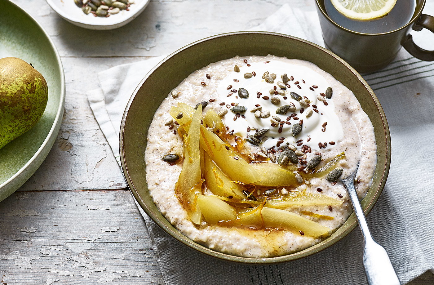 Citrus-poached pears with cinnamon porridge