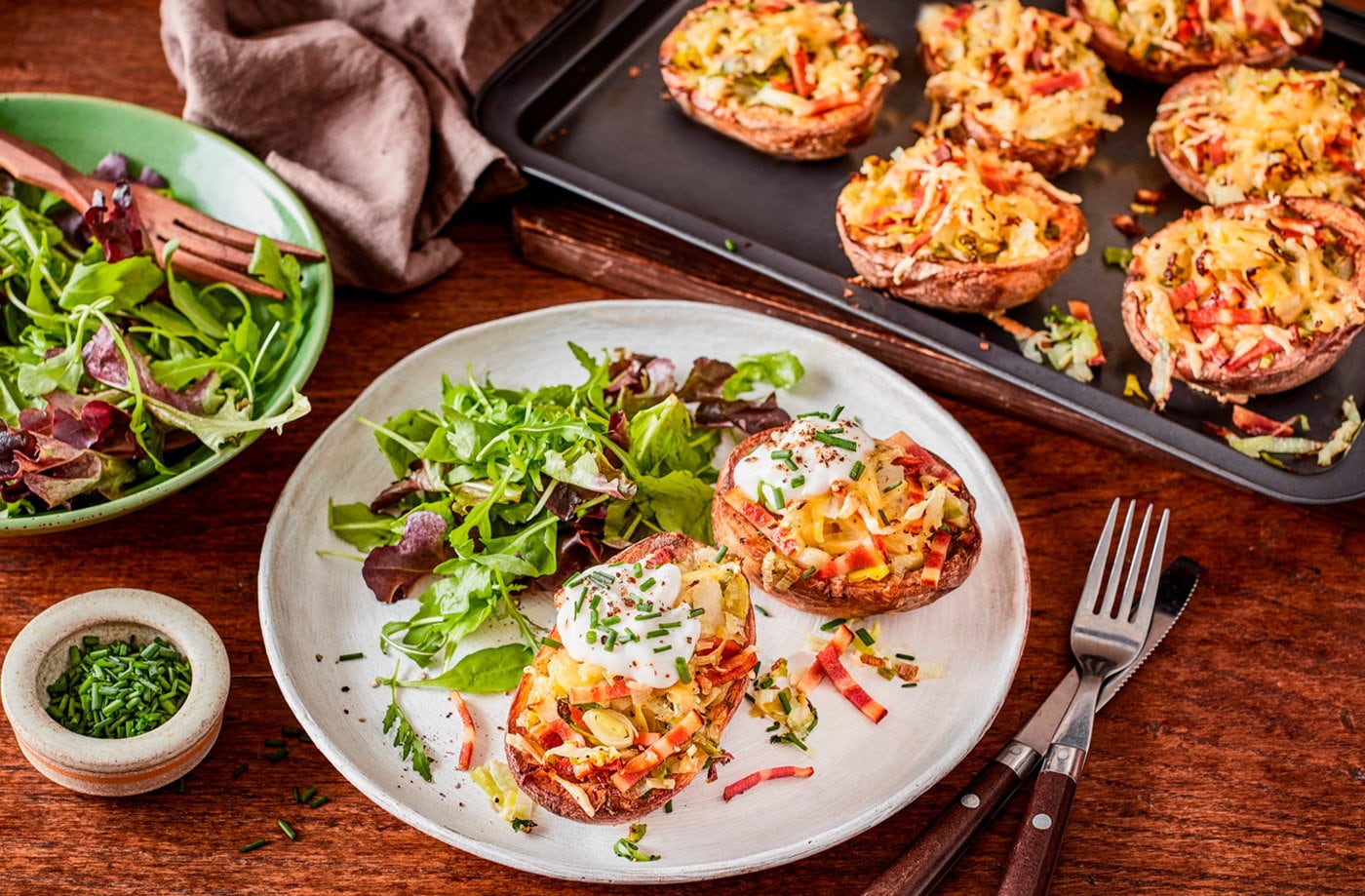 Bubble 'n' squeak loaded potato skins