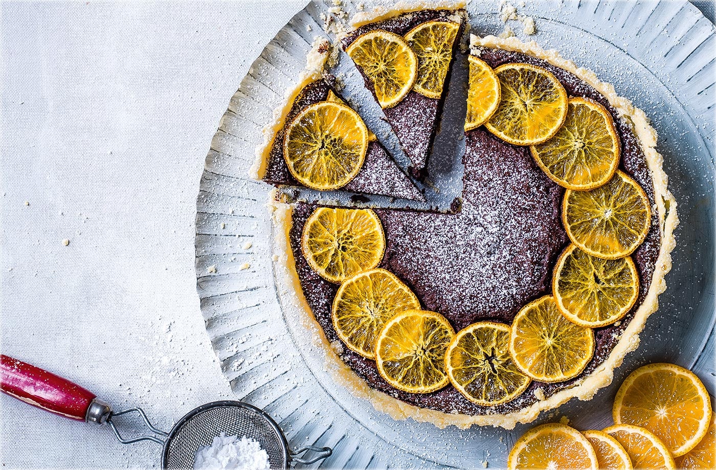 Clementine and chestnut chocolate tart