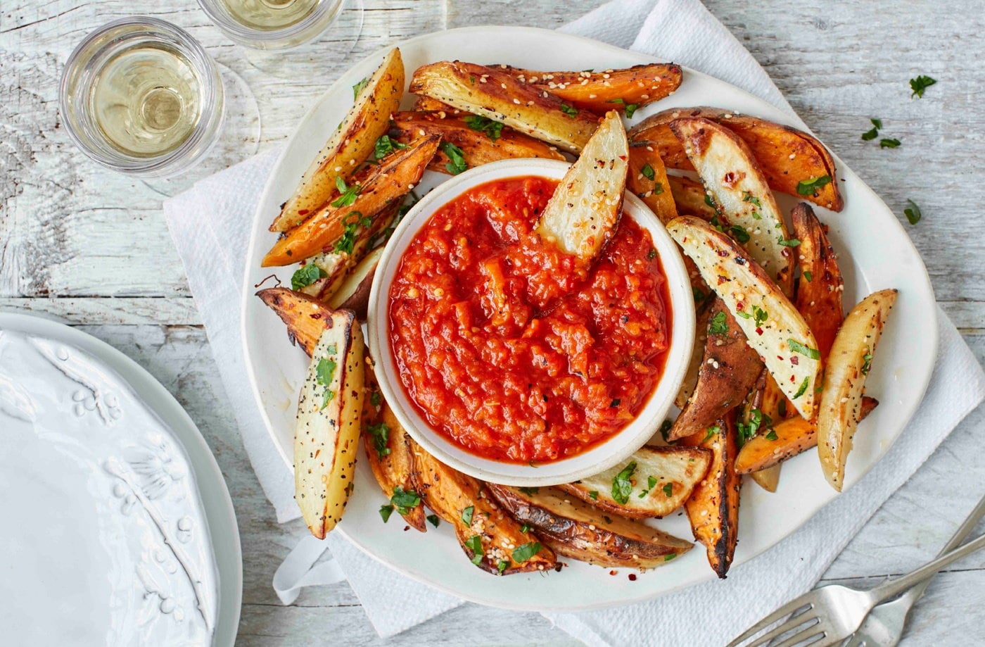 Chilli and poppy seeded potato chips with smoky red pepper dip