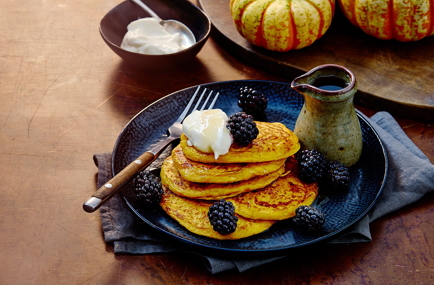 Sweet pumpkin pancakes with blackberries