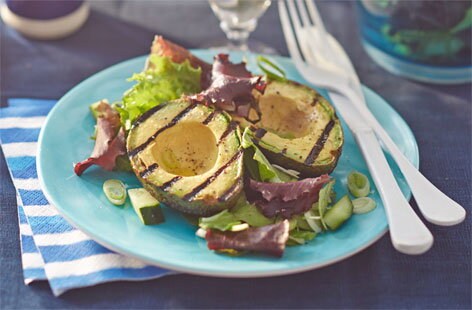 Image of "Griddled avocado with green salad and lemon dressing"