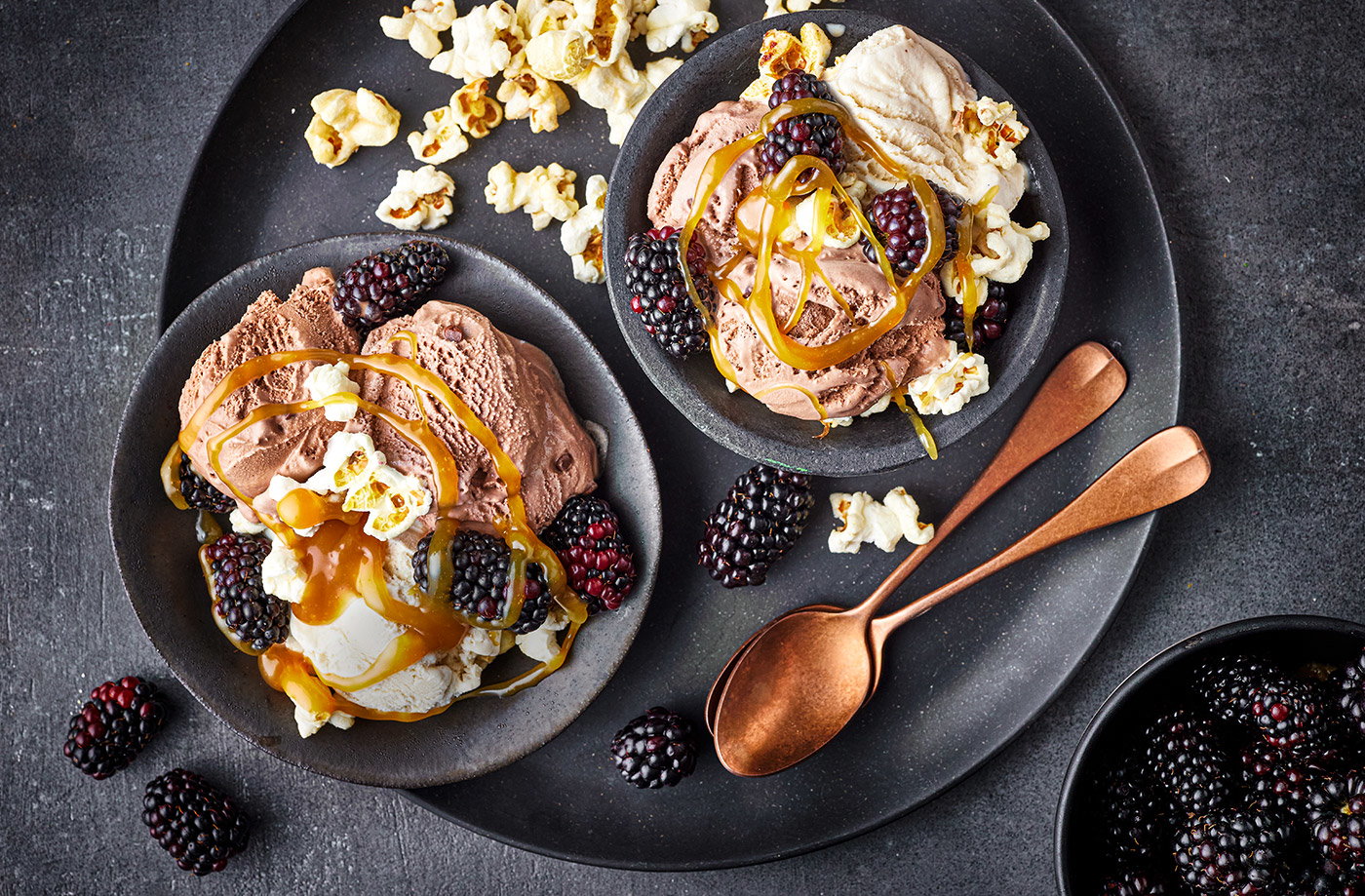 Miso toffee popcorn ice cream bowls