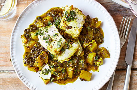 Image of "Haddock and lentil stew with green salsa"