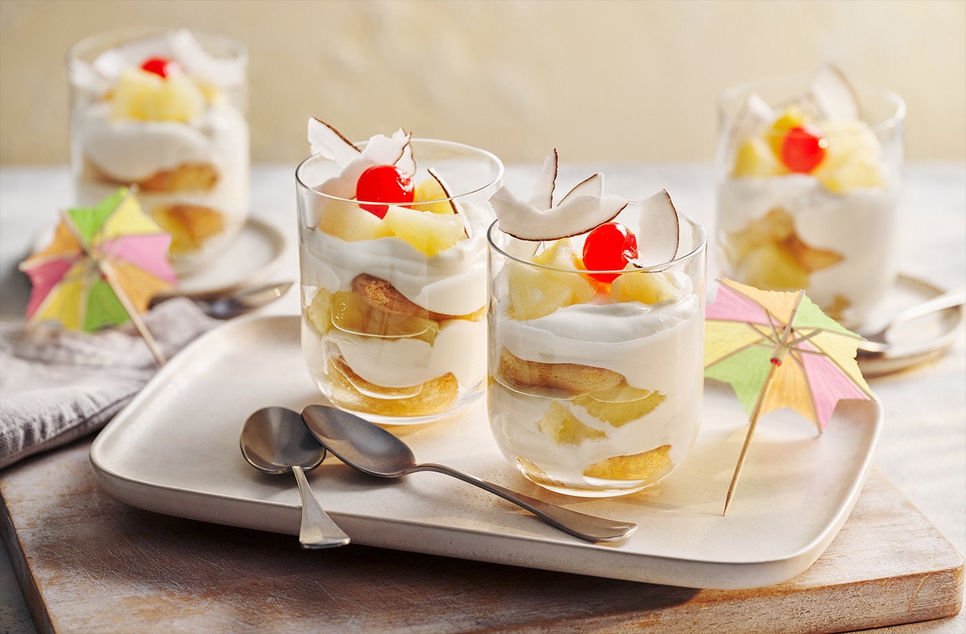 Piña colada tiramisu pots