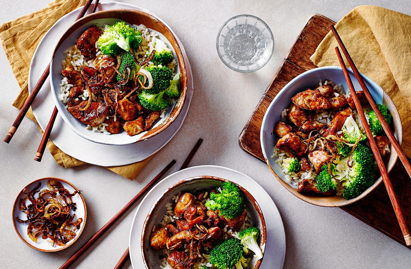 Pork teriyaki, rice and broccoli