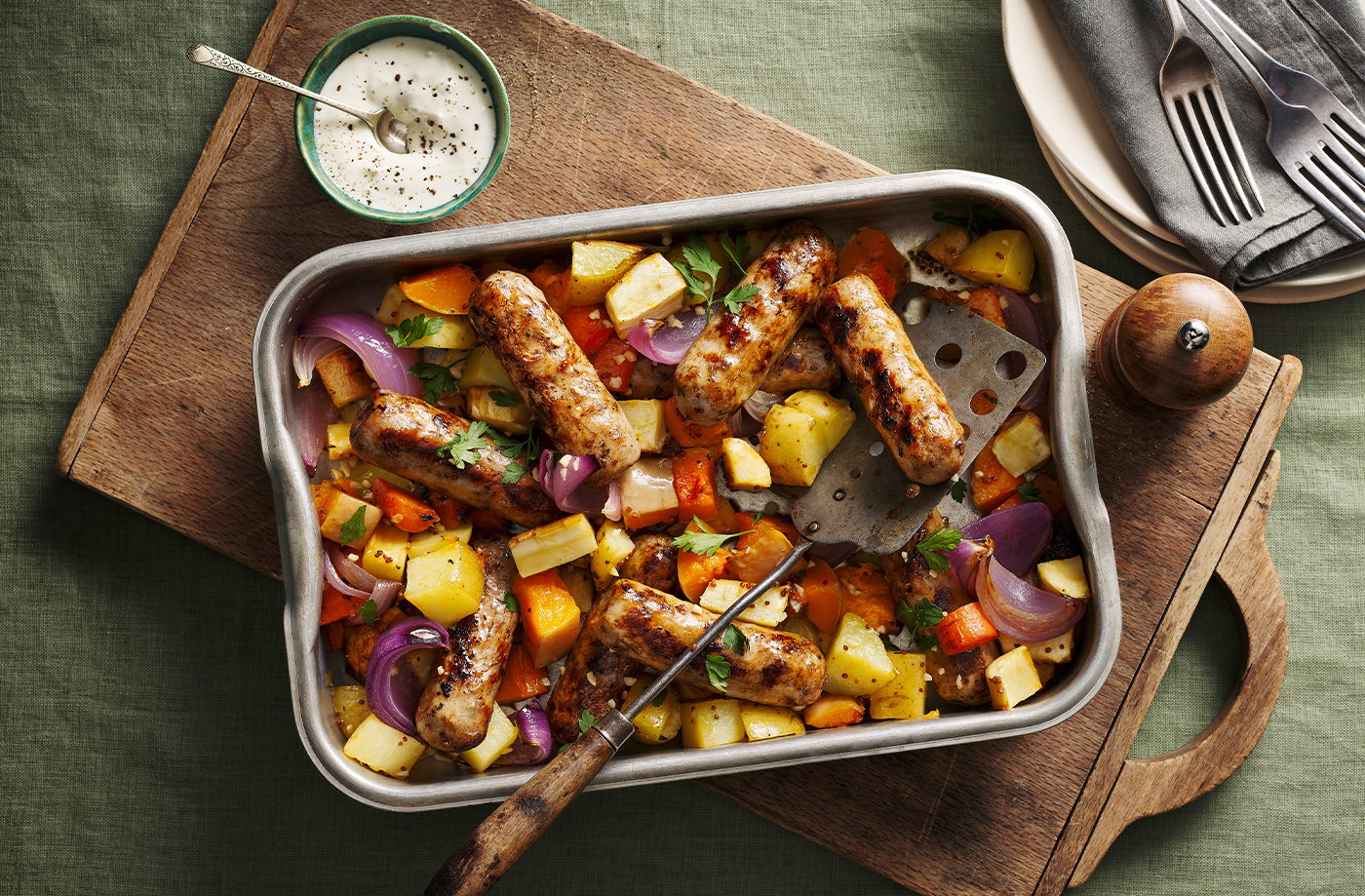 Sausage, sage and root veg traybake
