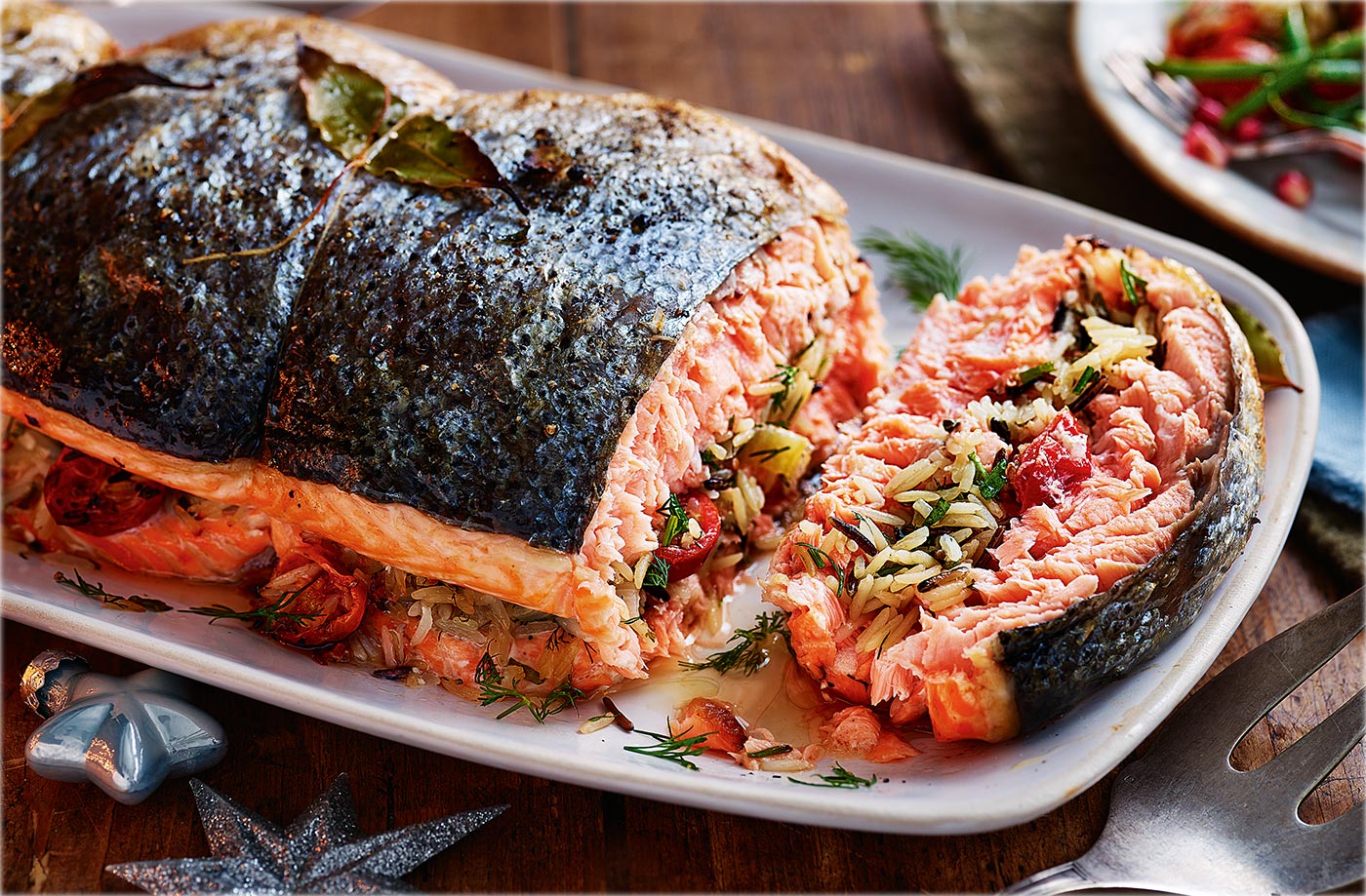 Rice-stuffed salmon with herby buttermilk sauce