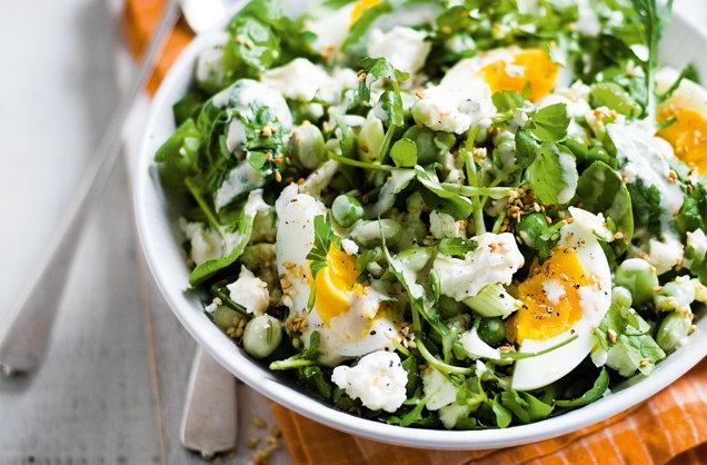 Feta, broad bean and egg salad with tahini dressing