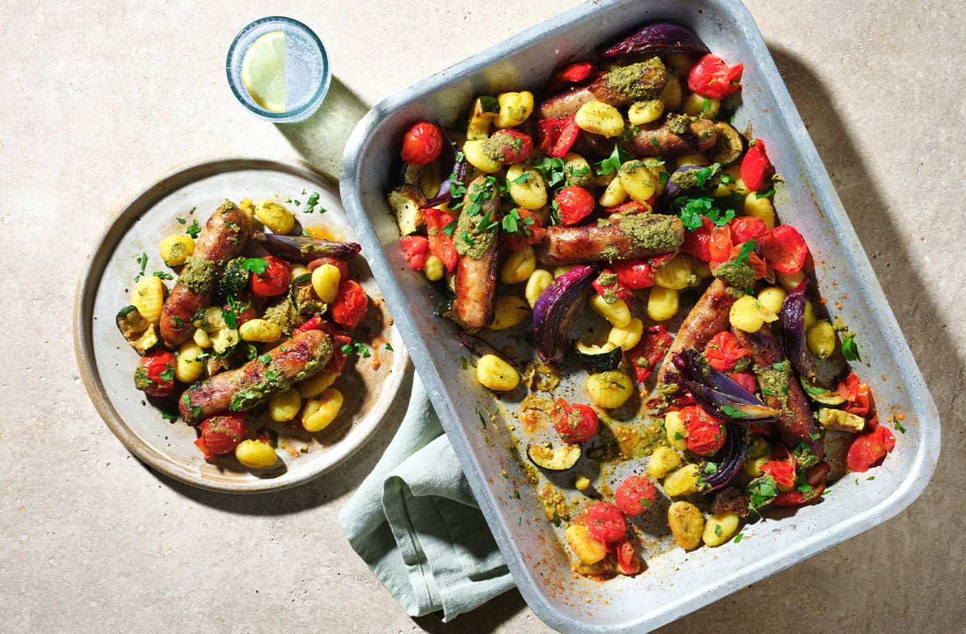 Sausage, veg and gnocchi traybake