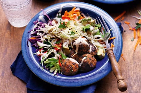 Image of "Rainbow salad with black bean falafel"