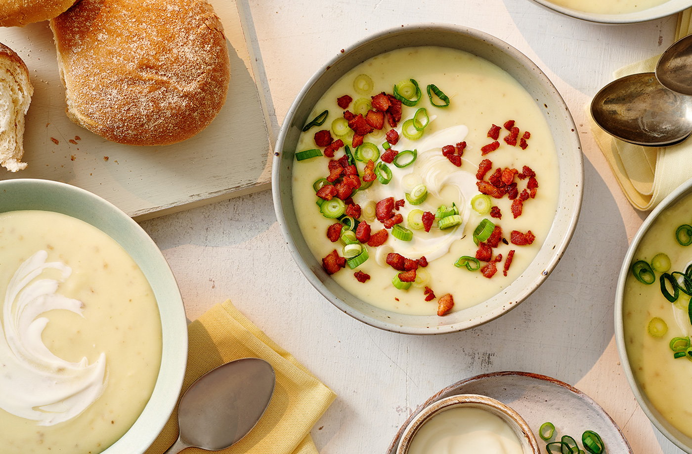Loaded baked potato soup with bacon and spring onions
