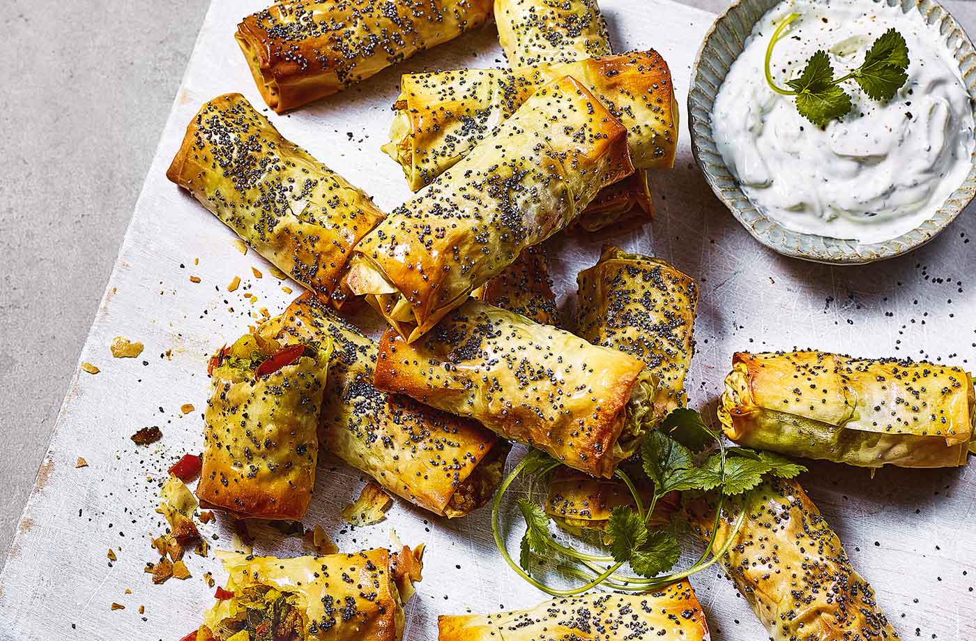 Curried potato, pepper and spring green rolls