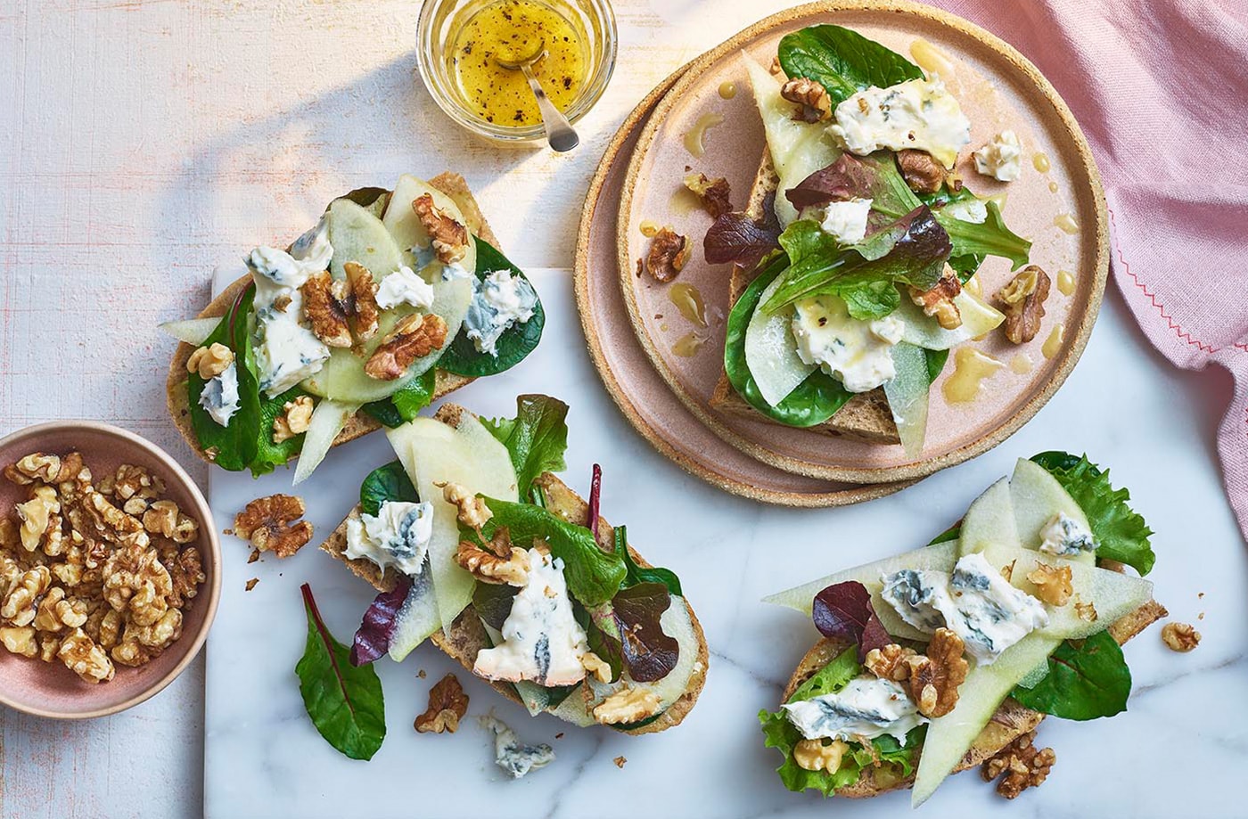 Pear, blue cheese and walnut open sandwich