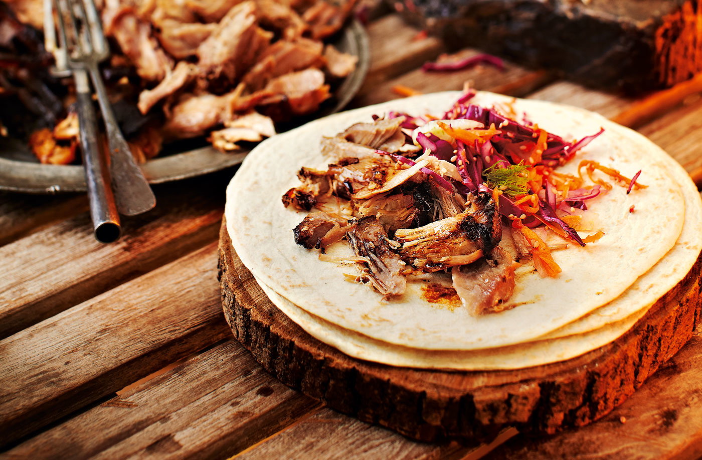 Sticky maple and mustard pulled pork wraps