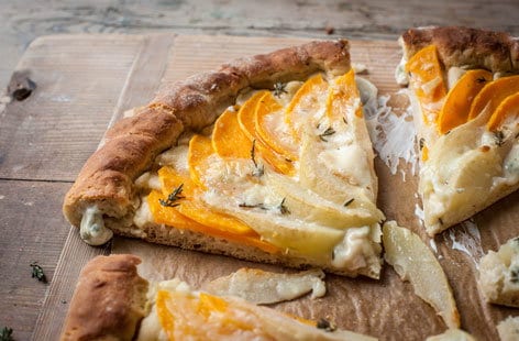 Image of "Adam Byatt's butternut squash, pear and gorgonzola flatbread"