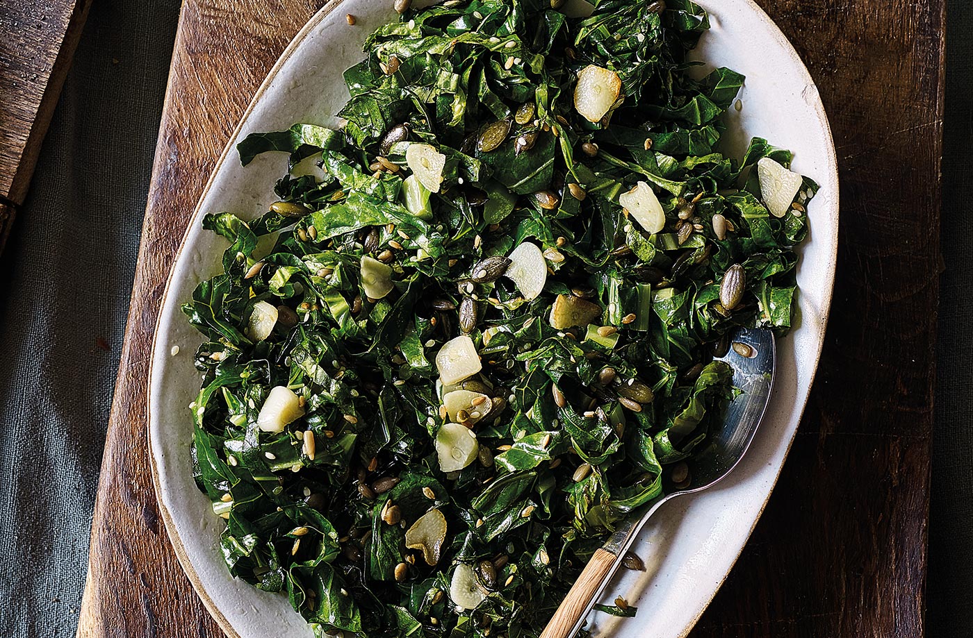 Stir-fried greens with toasted seeds