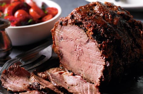 Image of "Harissa crusted roast beef rib with tomato, beetroot and mint salad"