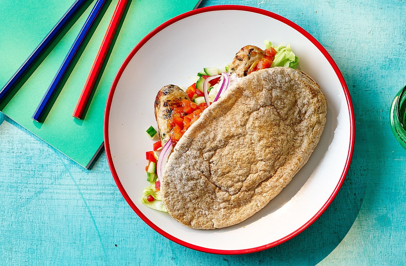 Quick turkey koftas and pitta with crunchy veggies